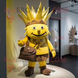 Yellow King mascot costume character dressed with a Playsuit and Handbags