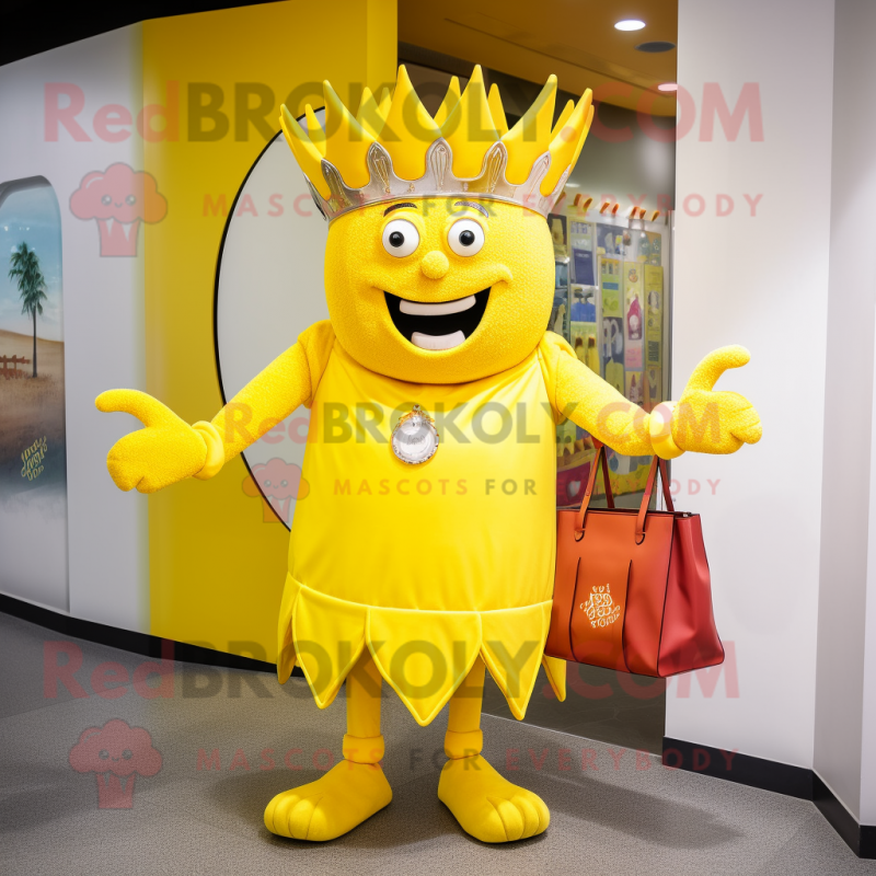 Yellow King mascot costume character dressed with a Playsuit and Handbags Yellow King mascot costume character dressed with a Playsuit and Handbags
