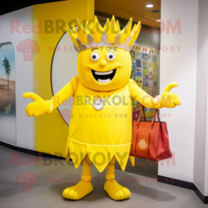 Yellow King mascot costume character dressed with a Playsuit and Handbags