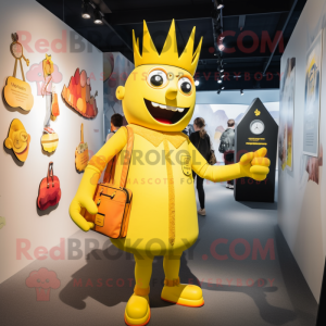 Yellow King mascot costume character dressed with a Playsuit and Handbags