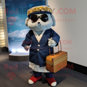 Navy Sushi mascot costume character dressed with a Cardigan and Handbags