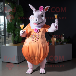 Peach Rhinoceros mascot costume character dressed with a Cocktail Dress and Gloves