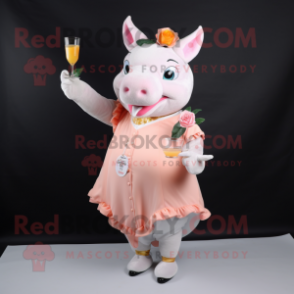 Peach Rhinoceros mascot costume character dressed with a Cocktail Dress and Gloves