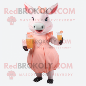 Peach Rhinoceros mascot costume character dressed with a Cocktail Dress and Gloves
