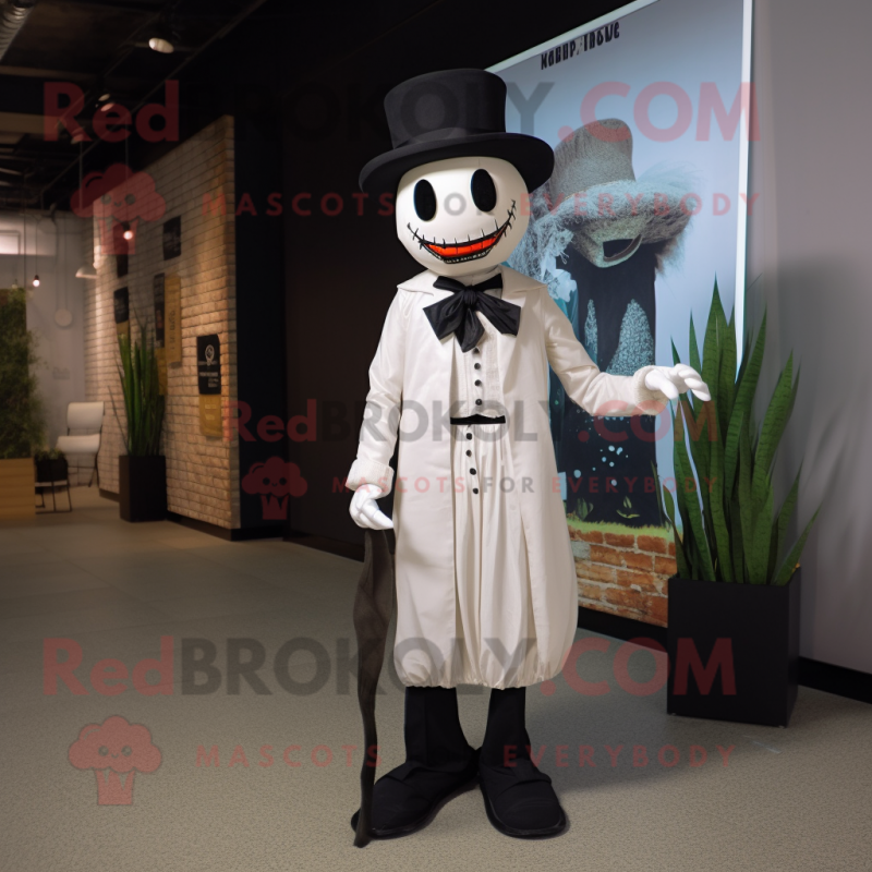 White Scarecrow mascot costume character dressed with a Tuxedo and Shoe laces White Scarecrow mascot costume character dressed with a Tuxedo and Shoe laces