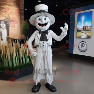 White Scarecrow mascot costume character dressed with a Tuxedo and Shoe laces