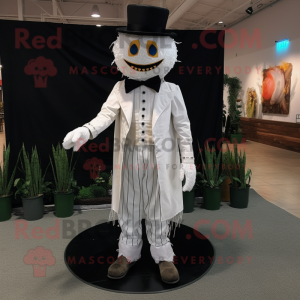 White Scarecrow mascot costume character dressed with a Tuxedo and Shoe laces