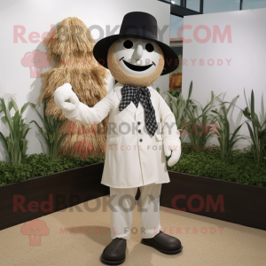 White Scarecrow mascot costume character dressed with a Tuxedo and Shoe laces