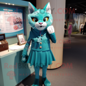 Teal Cat mascot costume character dressed with a Shift Dress and Lapel pins