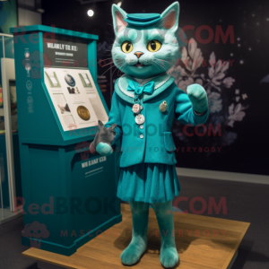 Teal Cat mascot costume character dressed with a Shift Dress and Lapel pins