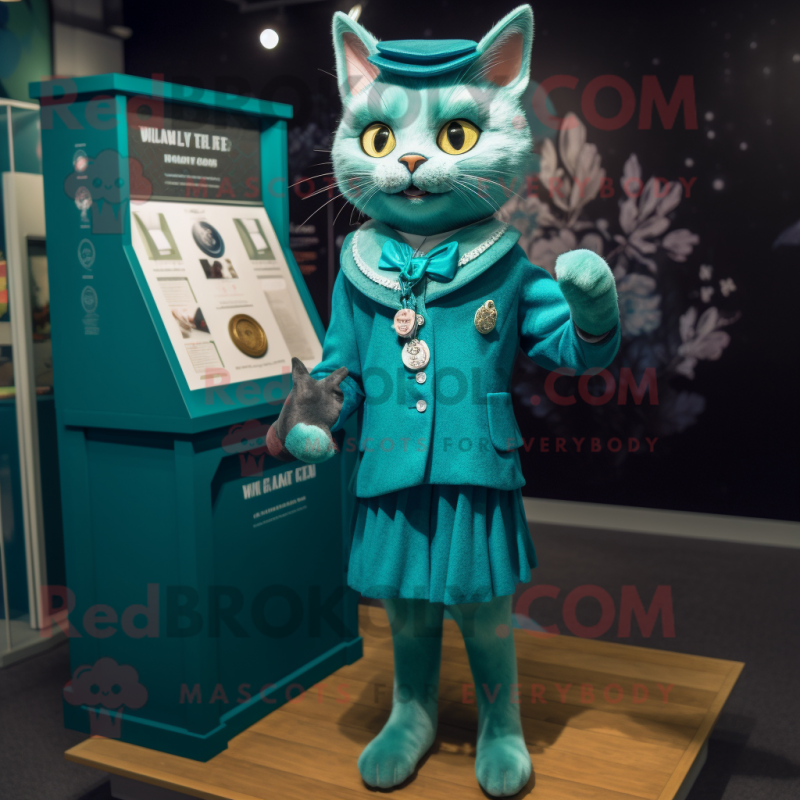 Teal Cat mascot costume character dressed with a Shift Dress and Lapel pins Teal Cat mascot costume character dressed with a Shift Dress and Lapel pins