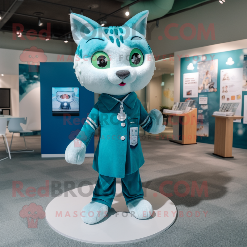 Teal Cat mascot costume character dressed with a Shift Dress and Lapel pins Teal Cat mascot costume character dressed with a Shift Dress and Lapel pins