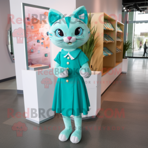 Teal Cat mascot costume character dressed with a Shift Dress and Lapel pins