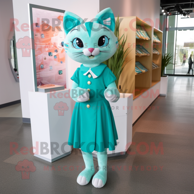 Teal Cat mascot costume character dressed with a Shift Dress and Lapel pins