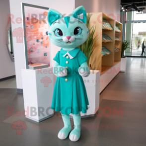 Teal Cat mascot costume character dressed with a Shift Dress and Lapel pins