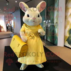 Yellow Chinchilla mascot costume character dressed with a Dress and Clutch bags