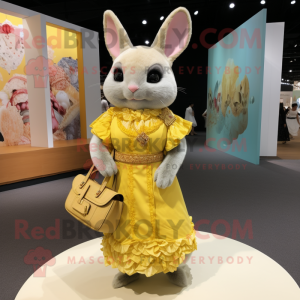 Yellow Chinchilla mascot costume character dressed with a Dress and Clutch bags