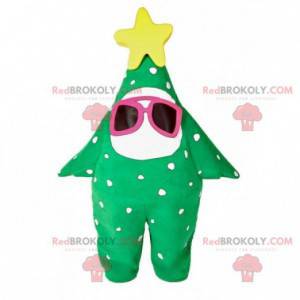 Mascota estrella de abeto verde con gafas y una estrella -