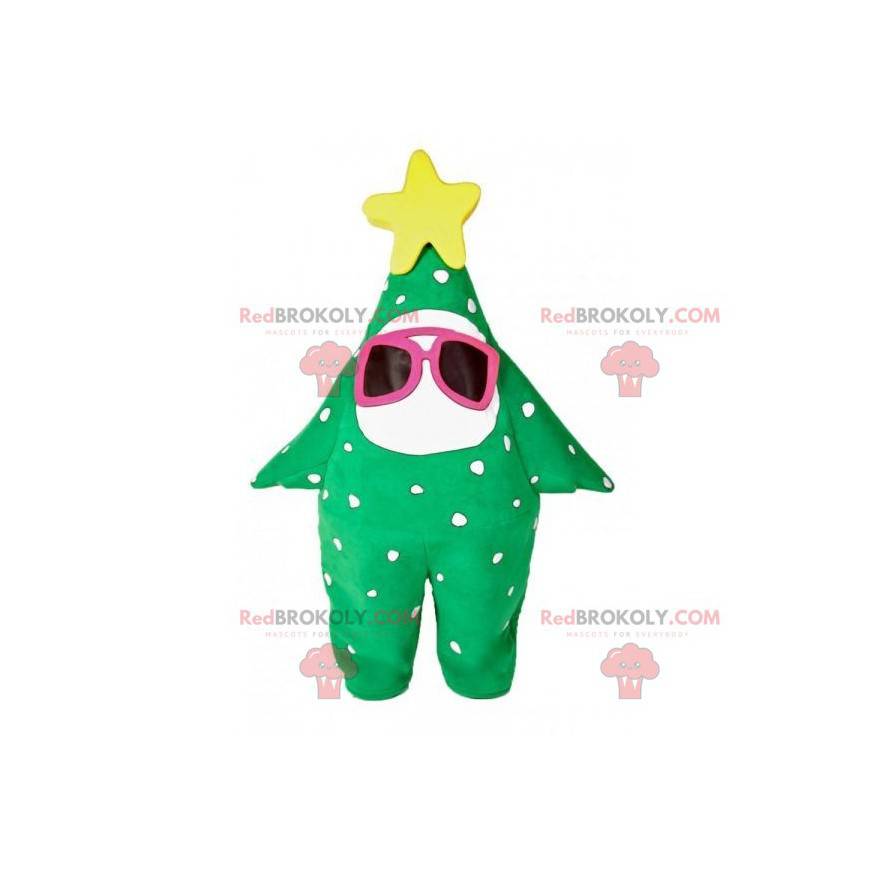 Mascota estrella de abeto verde con gafas y una estrella -