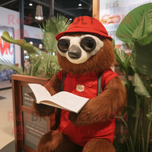 Red Sloth mascot costume character dressed with a Cover-up and Reading glasses