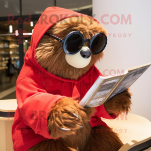 Red Sloth mascot costume character dressed with a Cover-up and Reading glasses