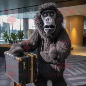 Black Baboon mascot costume character dressed with a Sweater and Briefcases