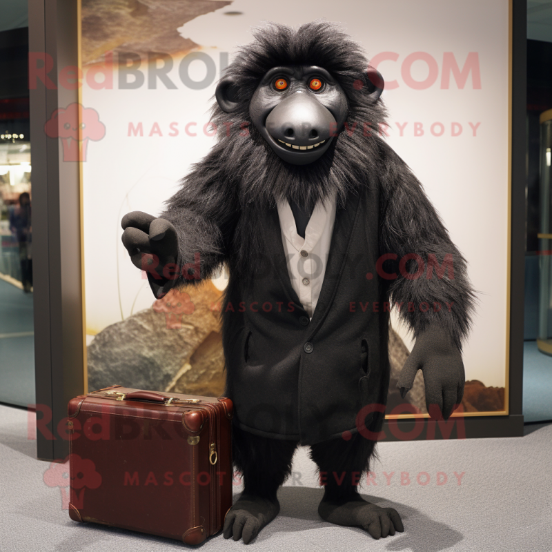 Black Baboon mascot costume character dressed with a Sweater and Briefcases Black Baboon mascot costume character dressed with a Sweater and Briefcases
