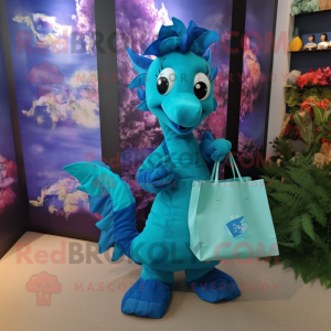 Cyan Seahorse mascot costume character dressed with a Wrap Skirt and Tote bags