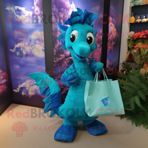 Cyan Seahorse maskot kostym...