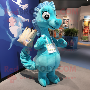 Cyan Seahorse mascot costume character dressed with a Wrap Skirt and Tote bags