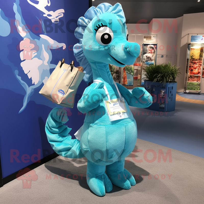 Cyan Seahorse mascot costume character dressed with a Wrap Skirt and Tote bags