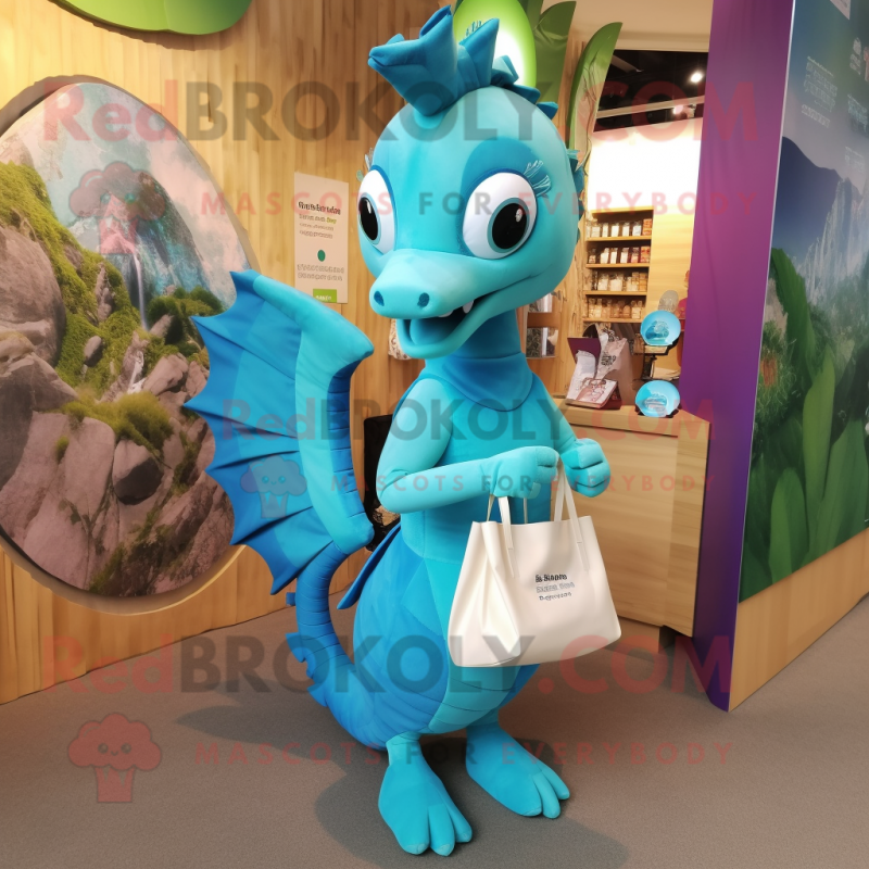 Cyan Seahorse mascot costume character dressed with a Wrap Skirt and Tote bags