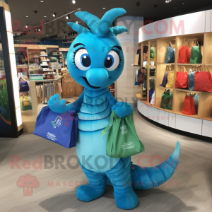 Cyan Seahorse mascot costume character dressed with a Wrap Skirt and Tote bags