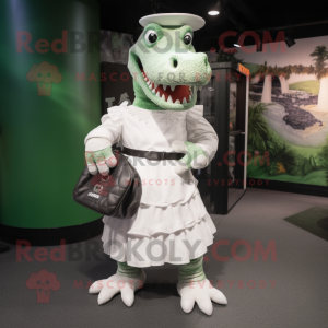 White Crocodile mascot costume character dressed with a A-Line Dress and Backpacks