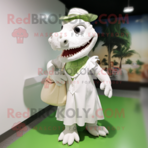 White Crocodile mascot costume character dressed with a A-Line Dress and Backpacks