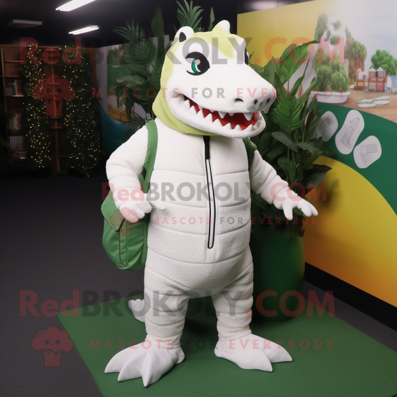 White Crocodile mascot costume character dressed with a A-Line Dress and Backpacks