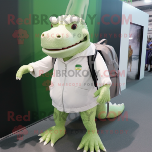 White Crocodile mascot costume character dressed with a A-Line Dress and Backpacks