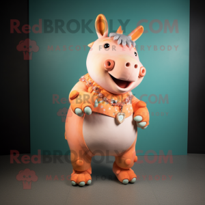 Peach Rhinoceros mascot costume character dressed with a Playsuit and Necklaces