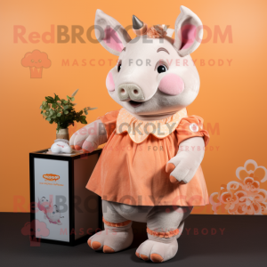 Peach Rhinoceros mascot costume character dressed with a Playsuit and Necklaces