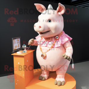 Peach Rhinoceros mascot costume character dressed with a Playsuit and Necklaces