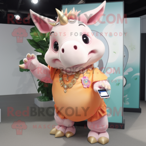 Peach Rhinoceros mascot costume character dressed with a Playsuit and Necklaces