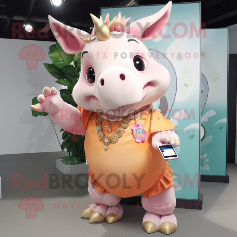 Peach Rhinoceros mascot costume character dressed with a Playsuit and Necklaces Peach Rhinoceros mascot costume character dressed with a Playsuit and Necklaces
