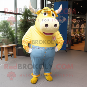 Yellow Beef Wellington mascot costume character dressed with a Jeans and Tie pins