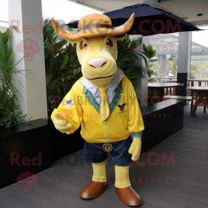 Yellow Beef Wellington mascot costume character dressed with a Jeans and Tie pins