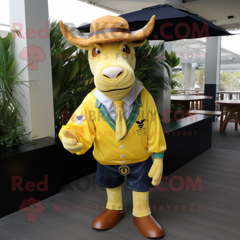 Yellow Beef Wellington mascot costume character dressed with a Jeans and Tie pins Yellow Beef Wellington mascot costume character dressed with a Jeans and Tie pins