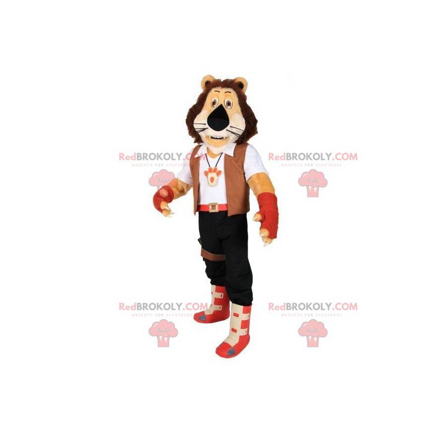Mascote tigre marrom em traje de aventureiro - Redbrokoly.com