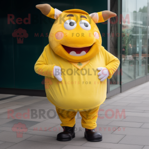 Yellow Beef Wellington mascot costume character dressed with a Jeans and Tie pins