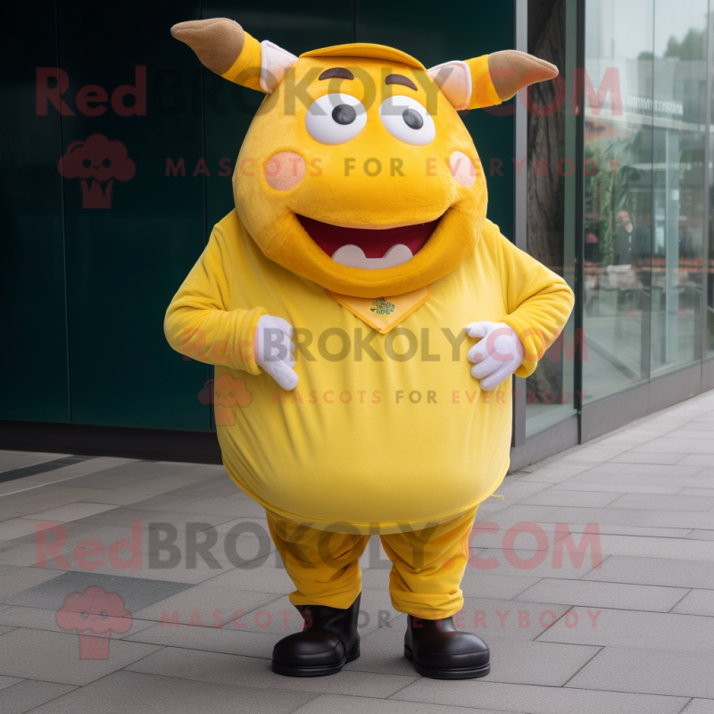 Yellow Beef Wellington mascot costume character dressed with a Jeans and Tie pins Yellow Beef Wellington mascot costume character dressed with a Jeans and Tie pins
