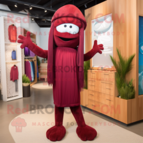 Maroon Spaghetti mascot costume character dressed with a Yoga Pants and Berets