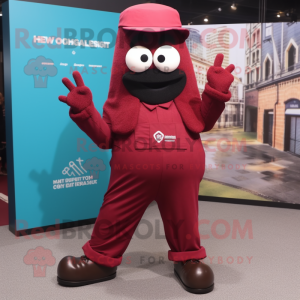 Maroon Spaghetti mascot costume character dressed with a Yoga Pants and Berets